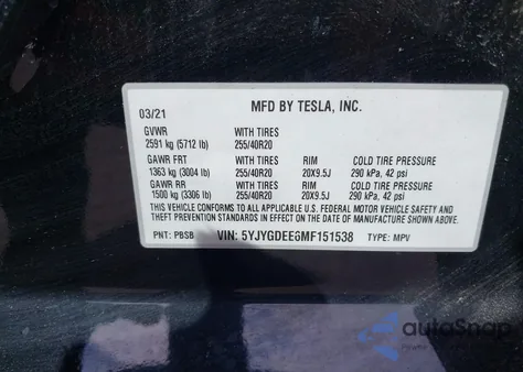 2021 Tesla Model Y Long Range Dual Motor All-Wheel Drive from USA, damaged, VIN 5YJYGDEE6MF151538